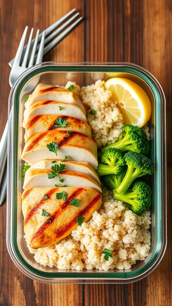 Low Carb High Protein Meal Prep Recipe Meal prep container with grilled chicken, broccoli, and quinoa on a wooden table.